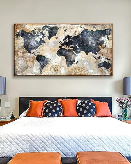 Tucai Decor Framed Wall Art World Map Wall Art Print Picture Decor Home Interior - Map Picture for Office Decor Travel Memory Nautical Map Canvas Artwork 20 x 40 inch Ready to Hang (Framed)