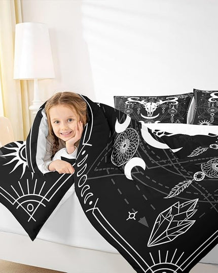 Manfei Bull Cow Skull Kids Comforter Set Twin Size,Sun Moon Starry Sky Galaxy Trippy Bedding Set,Boys Girls Adults Room Decor,Dreamcatcher Bohemia Down Comforter,Black White Duvet Insert,1 Pillowcase