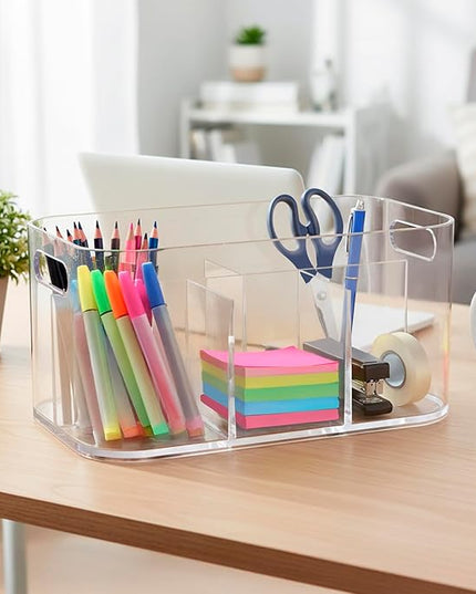 STORi Bliss 5-Compartment Plastic Cosmetics Storage Organizer | Clear | Rectangular Divided Makeup Bin & Vanity Caddy with Pass-Through Handles | Round Corner Design | Made in USA