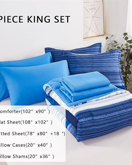 KAKIJUMN 7 Piece Bed in a Bag Stripe Comforter Set King Size, White and Blue Patchwork Striped Comforter and Sheet Set, All Season Soft Microfiber Complete Bedding Sets(Blue,King)