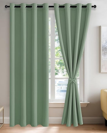 JIUZHEN Light Sage Blackout Curtains with Tiebacks Thermal Insulated, Light Blocking and Noise Reducing Grommet Curtains for and Living Room, Set of 2 Window Curtain Panels, 52 x 84 Inch Length
