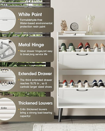 Maupvit Shoe Storage Cabinet with 4 Flip Louvered Doors, Freestanding Organizer with Metal Hinges ＆ Wooden Legs, Shoe Cabinet for Entryway, Narrow Shoe Rack Cabinet, White