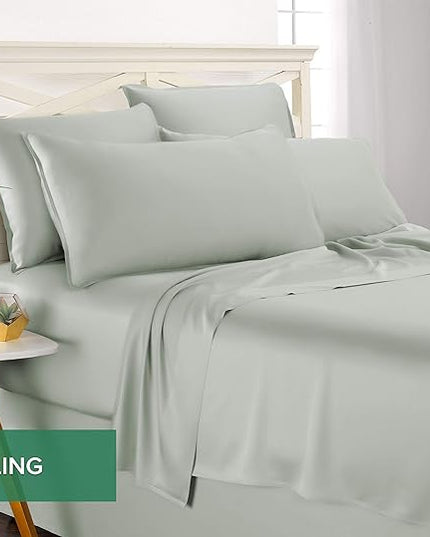 Pure Bamboo Split King Sheets, Genuine 100% Organic Viscose Derived from Bamboo Bed Sheet Set, Soft & Cooling, Double Stitching, 2 Fitted Sheets (Split King, Sea Glass)