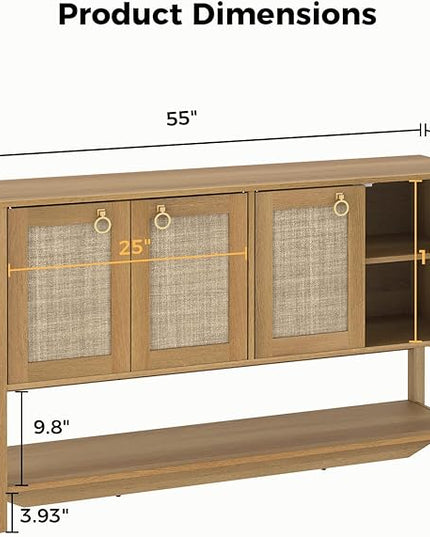 Rattan Entryway Cabinet with Storage,55“ Boho Credenza Storage Cabinet with 4 Doors and Adjustable Shelf, Wood Coffee Bar Console Cabinet Buffet Table for Kitchen, Dinning Room, Sideboard Buffet