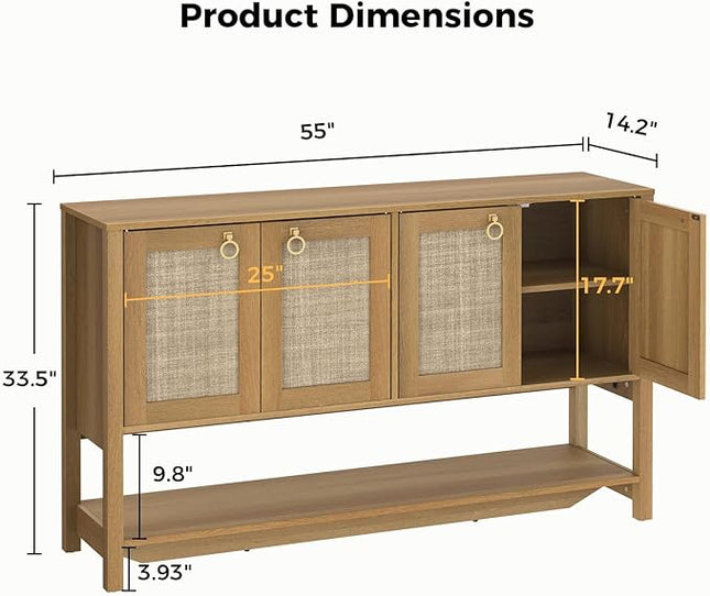 Rattan Entryway Cabinet with Storage,55“ Boho Credenza Storage Cabinet with 4 Doors and Adjustable Shelf, Wood Coffee Bar Console Cabinet Buffet Table for Kitchen, Dinning Room, Sideboard Buffet