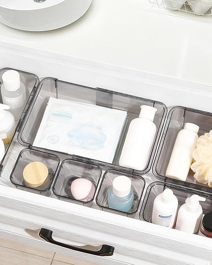 14 Pcs Adjustable Clear Drawer Organizer, Extendable Vanity Storage Bins, Desk Drawer Organizer Set for Makeup, Cosmetics, Bedroom, and Gadgets, Black
