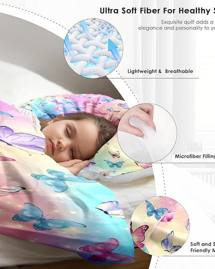Comforter Set King Size, Pink Blue Butterfly Soft 3 Pcs Bedding for Kids and Adults Purple Colorful Rainbow Comforter Set with 2 Pillowcases for Bedroom Bed Decor