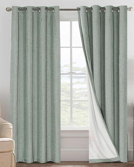 H.VERSAILTEX Linen Blackout Curtains 108 Inches Long 100% Blackout Thermal Insulated Textured Linen Look Curtain Draperies Anti-Rust Grommet, Energy Saving with White Liner, 2 Panels, Green Bay