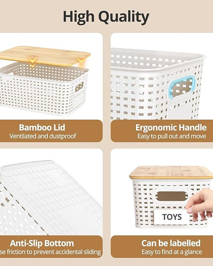 Plastic Storage Baskets with Bamboo Lids, Stackable Small Box Bins for Organizing and Containers for Shelves Drawers Desktop Closet Pantry Classroom Office Home, 6 Pack 10.2x7.2x4.1 Inch, White