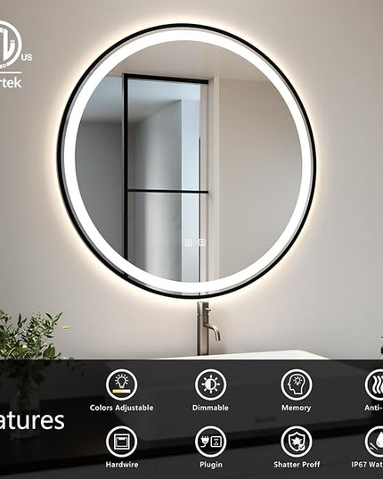 APRILSOUL 36 Inch Round Aluminum Framed LED Bathroom Mirror with Lights, Makeup Mirror with Front and Backlit, Anti-Fog, 3 Colors and Dimmable Light