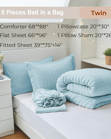 MUXHOMO 5 Pieces Twin Comforter Set, Seersucker Bed in a Bag Twin Size, All Season Luxury Bedding Set with Comforter, Flat Sheet, Fitted Sheet, Pillowcase & Sham, Lake Blue