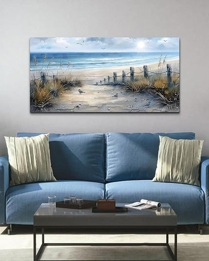 FUHAIHUA Canvas Wall Art For Living Room Wall Decorations For Bedroom Office Decor Beach Wall Paintings Blue Ocean Sea Wave Pictures Artwork For Modern Framed Posters Aesthetic Home Decor 20X40 In