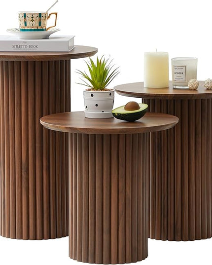 Round Nesting Coffee Table Set of 3,Mid Century Modern Fluted Coffee and End Table Set,Small Circle Wooden Side Table Drink Table for Living Room (Walnut)