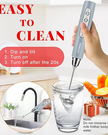YUSWKO Rechargeable Milk Frother for Coffee, Handheld Drink Mixer with 3 Heads 3 Speeds, Ideal Electric Stirrers for Travel