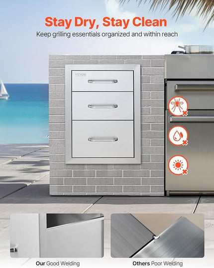 VEVOR 14x20.3 Inch Outdoor Kitchen Drawers Stainless Steel, Flush Mount Triple Drawer, 14W x 20.3H x 23D Inch, with Stainless Steel Handle, BBQ Drawers for Outdoor Kitchens or BBQ Island