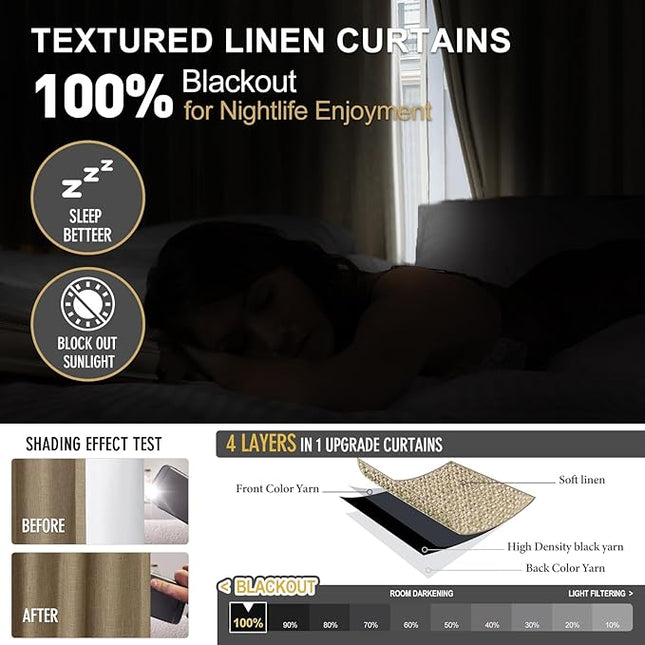 IVAPUPU Sand Pinch Pleated Full Blackout Linen Curtains for Bedroom, Black Out Curtains 84 Inches Long for Living Room Darkening Thermal Insulated Neutral Pleat Drapes with 16 Hooks, 2 Panels