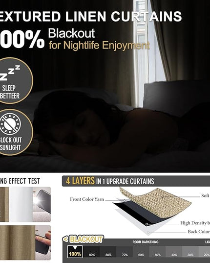 IVAPUPU Sand Pinch Pleated Full Blackout Linen Curtains for Bedroom, Black Out Curtains 95 Inches Long for Living Room Darkening Thermal Insulated Neutral Pleat Drapes with 16 Hooks, 2 Panels