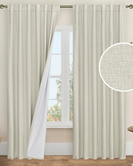LAMIT 100% Black Out Linen Curtains, 84 Inch Linen Textured Living Room Farmhouse Curtains Room Darkening Back Tab and Rod Pocket Burlap Neutral Panels with White Liner, 2 Panels, 52 x 84 Inch, Stone