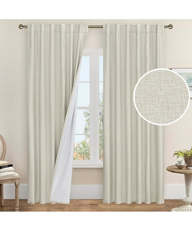 LAMIT 100% Black Out Linen Curtains, 84 Inch Linen Textured Living Room Farmhouse Curtains Room Darkening Back Tab and Rod Pocket Burlap Neutral Panels with White Liner, 2 Panels, 52 x 84 Inch, Stone