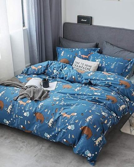 Houseri Blue Bear Comforter Sets Queen Boys Cartoon Bear Comforter Full Fox Rabbit Animal Bedding Sets Queen Teens Woodland Forest Comforter Sets Full Size 3 Piece Quilts Soft