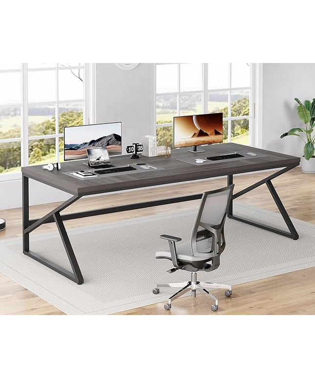 HSH Extra Long Home Office Desk, Industrial Metal Wood Computer Desk, Large PC Laptop Table for Two Person Executive Writing Work Study Gaming, Bedroom Living Room Dual Monitor Desk, Dark Gray,78 Inch