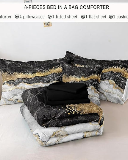 Bedbay Black and Gold Cal King Comforter Set with Sheet 8 Pieces Black Gold Marble Comforter California King Bedding Set Gold Metallic Marble Texture Modern Bed Set (Black Gold,Cal-King)