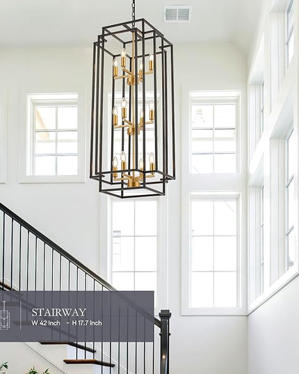 12-Light Lantern Tiered Pendant Light Fixtures, Black Metal Farmhouse Chandelier Hall Foyer Hanging Chandelier for Kitchen Island Dining Room Living Room Foyer Entryway, Black+Gold