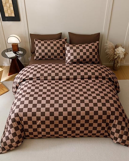 CLOTHKNOW Dark Brown Plaid California King Comforter Set Grid Bedding Comforter Sets Checkered Comforter Soft Geometric Comforter with 2 x Pillow Cases