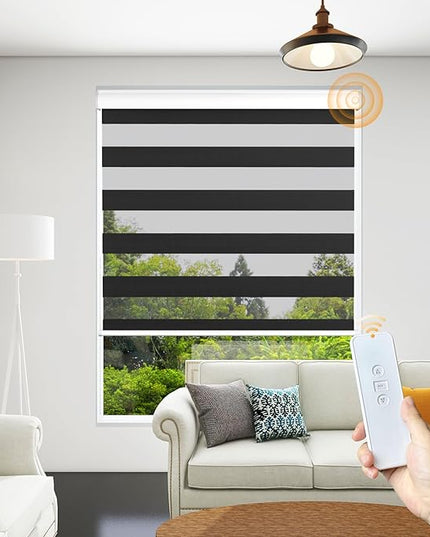 Motorized Zebra Blinds Rechargeable with Remote Blackout Cordless Zebra Shade Smart Electric Curtains for Windows and Privacy Light Filtering Roller Shades, 71" W x 72" H Black