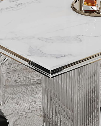 HomVent 68.11'' Faux Marble Dining Table Set for 4, Modern Rectangle Kitchen Table with Stainless Steel Base (Silver Table with 4 Grey Chairs, 5 Pieces)
