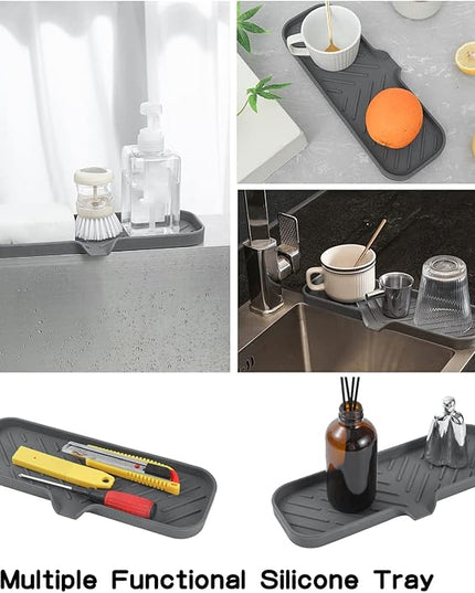 Silicone Bathroom Soap Dishes with Drain Spout-Bathroom and Kitchen Sink Organizer,Sponge Holder,Dish Soap Tray,Perfect for Dispenser,Scrubber,Bottle,Cup on Sink or Counter-Grey 12"×4"