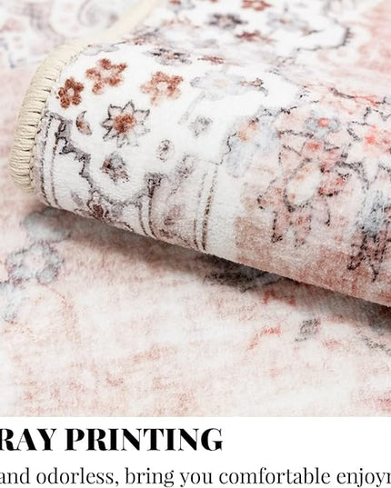 MUJOO 9'x12' Area Rug - Large Pink Boho Washable Non Slip Blush Pink Big Carpet Floral Flowers