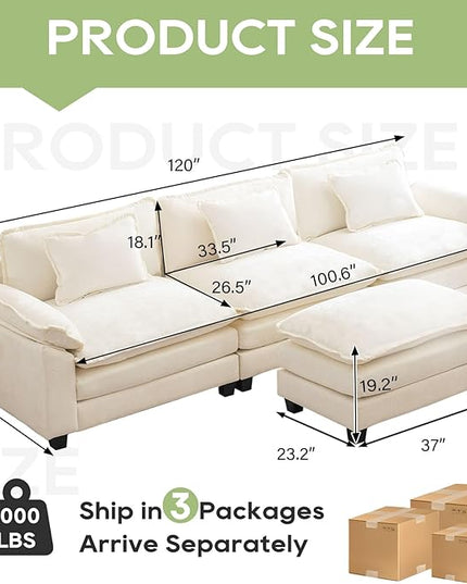120" Modular Sectional Sofa, Comfy Cloud Couch Sectional Sofa with Ottoman, Chenille Sofa Sleeper Deep Seat Sofa with Throw Pillows for Living Room (Beige White, 120"- L Shape)