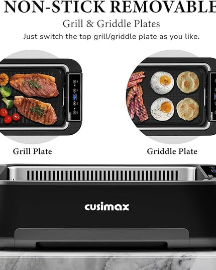 Indoor Grill, CUSIMAX Electric Smokeless Grill & Griddle with REPLACEABLE Smoke Filter Sponge, 1500W Korean BBQ Grill, Smart LED Display, Larger Grilling Area, Black(New Model)
