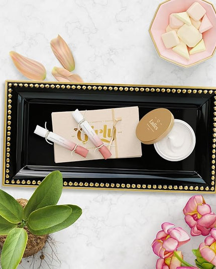 2 Pack Black Bathroom Vanity Tray for Countertop with Beads, Small Plastic Toilet Tank Versatile Storage Organization Tray for Makeup, Perfume, Desk, Kitchen, Candles, 14"x7"x1", 36B