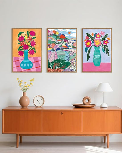 HOURIA Colorful Flower Field Landscape Framed Canvas Wall Art Set,Abstract Pink Floral Vase Wall Decor,Natural Botanical Tree Artwork,Modern Sunrise Art Prints for Living Room,Farmhouse-16 x24 x3