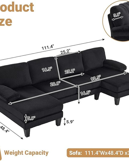 VINGLI 110" Sectional Couches for Living Room,U Shaped Couch with Double Chaise, 4-Seat Sofa Set with Corduroy Fabric for Home Furniture,Black