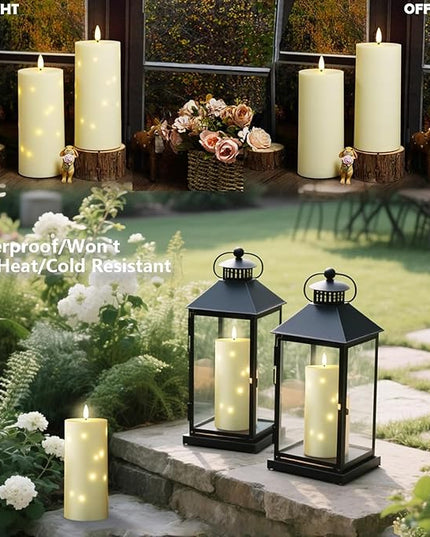 4" x 10" Large Outdoor Waterproof Flickering Flameless Candles with Timer,2Pcs Battery Operated LED Pillar Candles with Embedded Star String for Outdoor Lanterns,Porch,Patio Decor(Ivory)