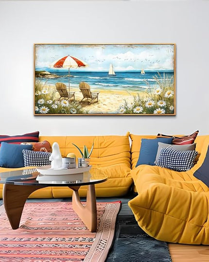 ERQINHUA Large Wall Decor Canvas Painting Wall Art For Living Room Decoration Blue Seaside Landscape Painting Bedroom Print Artwork Picture For Dining Room Bathroom Home Decor Wood Frame 24x48 In