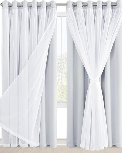 Hiasan Blackout Curtains with Sheer Overlay, Thermal Insulated Privacy Mix & Match Double Layer Window Curtains for Girls Bedroom, Living Room, 2 Drape Panels with Tiebacks, Greyish White, 70W X 84L