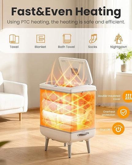 Towel Warmer for Bathroom with Bucket, 35L Foldable Towel Warmer,Fast Heating & Drying Modes,Fits Up to 3 Oversized Towels or 2 Bathrobes,Removable Hanging Hooks,24H Timer, Home & Spa