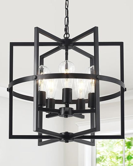19'' Black Chandelier for Dining Room, 5-Light Modern Farmhouse Chandelier with Geometric Cage Adjustable Industrical Hanging Pendant Light Fixture for Kitchen Entryway Hallway Foyer Bedroom
