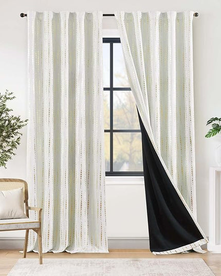 jinchan 95% Blackout Boho Curtains 96 Inch Long for Bedroom Christmas Curtain Moon Phases Printed Festive Holiday Golden on Black Drapes Rod Pocket Back Tab Curtains 2 Panels