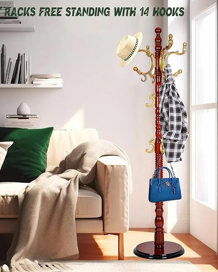 73" Wooden Coat Rack Stand,Coat Racks Freestanding With 14 Hooks And Solid Round Base Heavy Duty Adjustable Height Hall Tree Coat Rack for Entryway Hallway Foyer Office Bedroomf (Begonia)