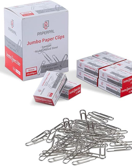 PAPERPAL Paperclips for Office School & Personal Use, Jumbo Smooth Paper Clip (2"), 1000 Large Paper Clips (10 Boxes of 100 Each), Silver