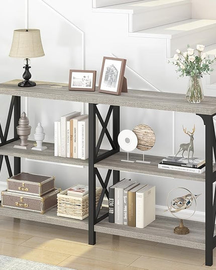 IBF Sofa Table, Modern Metal Wood 3 Tier Entryway Table, Industrial Console Table with Storage Shelves, Foyer Hallway Couch Table Behind Sofa for Living Room, Long Horizontal Bookshelf, Grey Oak, 55in