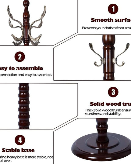 Coat Racks Free Standing with 14 Hooks, Natural Wood Coat Stands for Entryway, Adjustable Height 73 in Tree Coat Rack Stand for Hallway Home Office Bedroom (Mahogany metal)