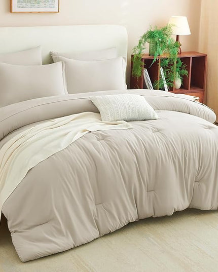 CozyLux Queen Comforter Set Beige, 7 Pieces Bed in a Bag Soft Bedding Comforter Set with Sheets, All Season Boho 7PC Bed Sets with Comforter, Fitted Sheets, Flat Sheets, Pillow Shams and Pillowcases