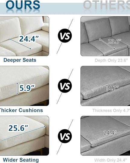 VINGLI 110" Large U-Shape Sectional Sofa Couch with 51" D Double Chaise for Living Room, Modern Sectional Couch Set with Soft 5.9" Thickness Seating Padding, Chenille Fabric,Metal Gold Legs(Beige)