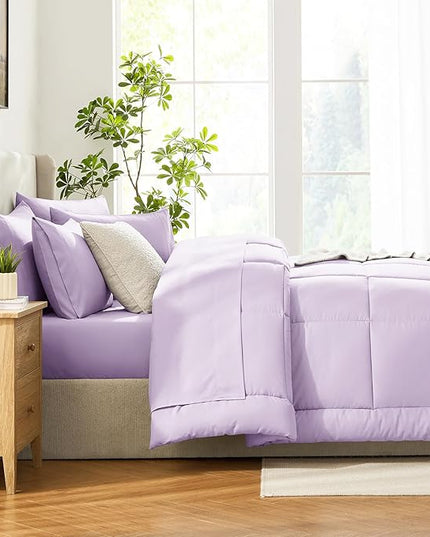 CozyLux Queen Comforter Set Lavender, 7 Pieces Bed in a Bag, Light Purple Comforter Queen Size, All Season Bedding Sets with Stitch Quilted Comforter, Flat Sheet, Fitted Sheet, Pillowcases